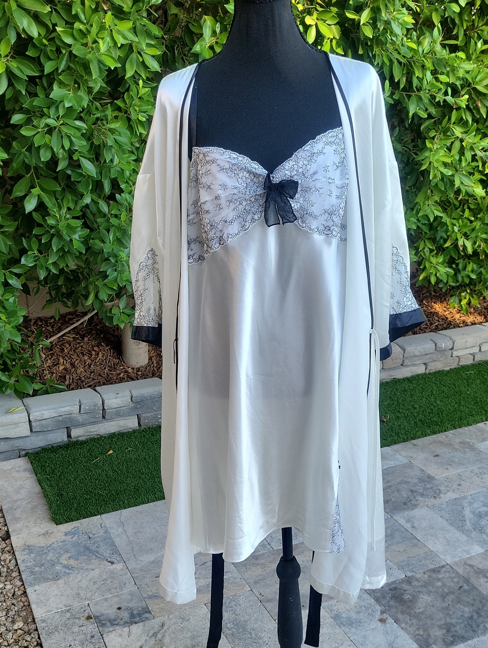White Satin Feel Bridal Chemise and Robe Set with Lace Detail And Black Trim
